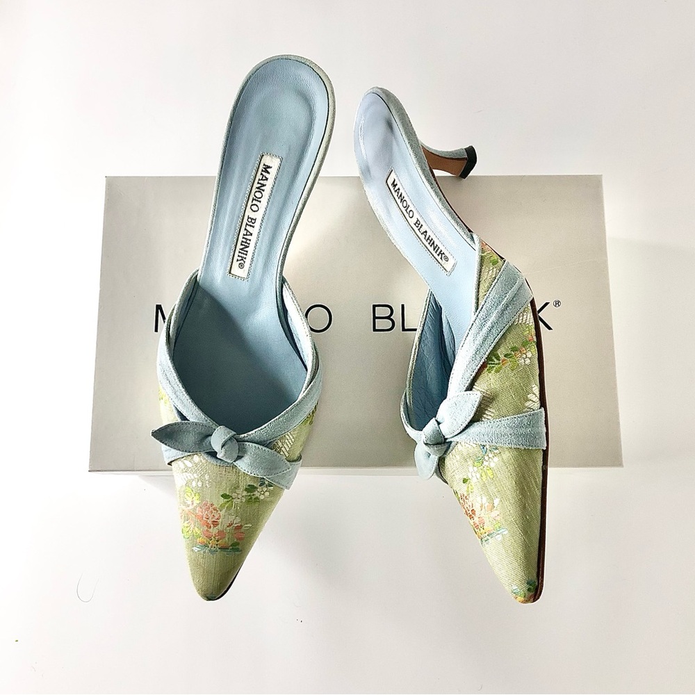 Manolo Blahnik Floral Blue Mules